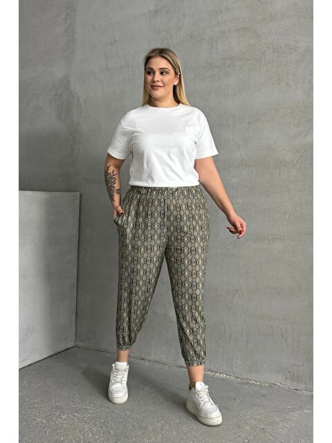 Stil Diva Büyük Beden Beli ve Paçası Lastikli Desenli Cepli Pantolon 303301 - S000339326-19351