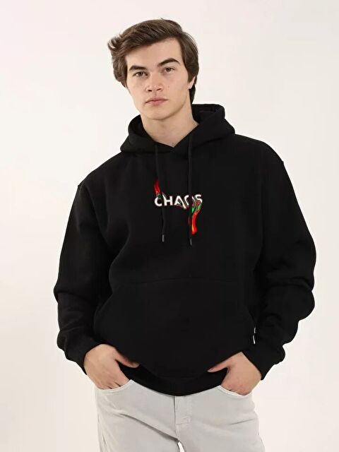 Jane's Unisex Baskılı Oversize Üç İplik Kapüşonlu Sweatshirt - Siyah