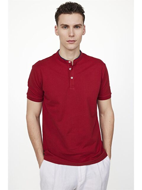 TUDORS Erkek Slim Fit Hakim Yaka Pike Pamuk Bordo Tişört