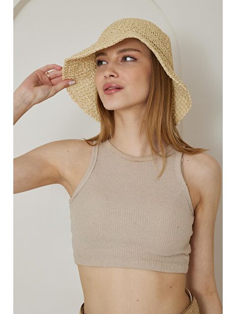 Chandraswear Kadın El Örgüsü Bej Hasır Şapka - Afra - S000168573-19928