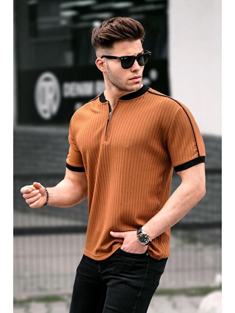 Madmext Camel Fermuar Yaka Erkek Penye Tişört - S000015971-20472