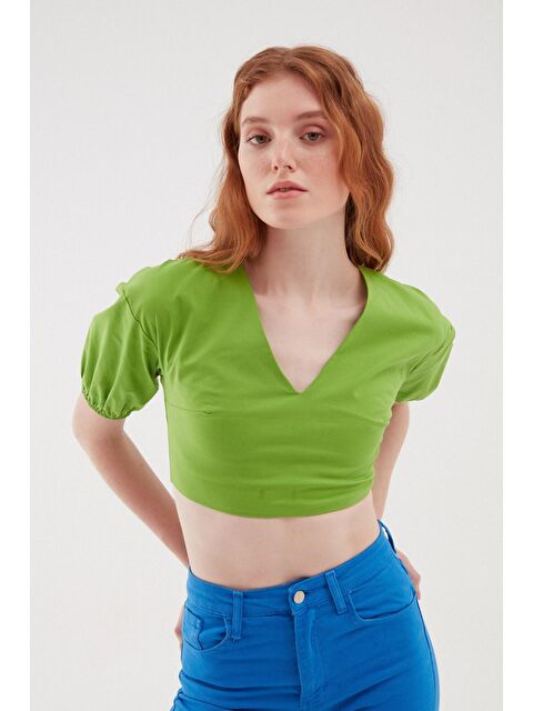 QUZU Balon Kol Sırt Dekolteli Bluz Yeşil - S000092209-18194