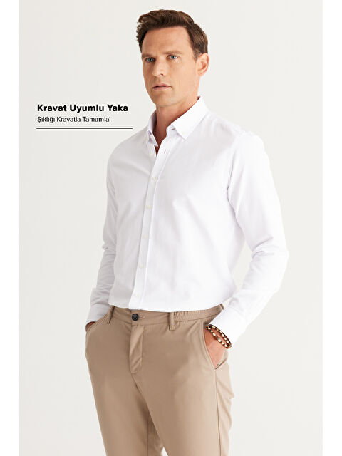 AC&Co / Altınyıldız Classics Erkek Beyaz Slim Fit Dar Kesim Oxford Düğmeli Yaka Armürlü Pamuklu Gömlek - S000481819-20063