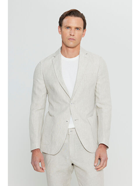 Altınyıldız Classics Erkek Bej %100 Keten Slim Fit Dar Kesim Mono Yaka Diagonal Desenli Torba Cepli Takım Elbise - S000486367-19928