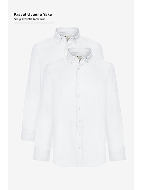 AC&Co / Altınyıldız Classics Erkek Beyaz 2'li Pamuklu Kolay Ütülenebilir Slim Fit Dar Kesim Oxford Gömlek Paketi - S000394292-20063