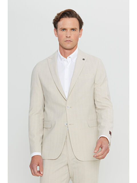 Altınyıldız Classics Erkek Bej Yünlü Slim Fit Dar Kesim Kırlangıç Yaka Ekose Gofre Desenli Kapak Cepli Takım Elbise - S000419607-19928