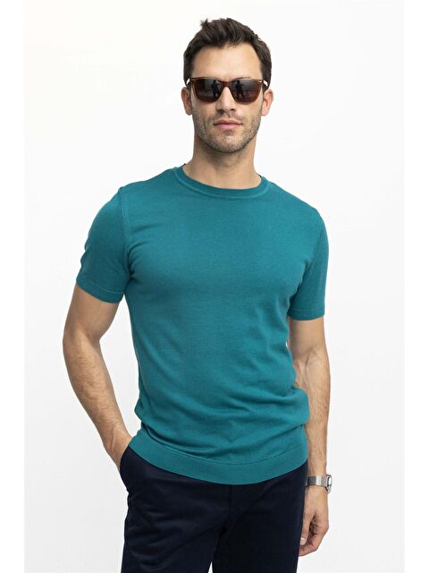 TUDORS Erkek Bisiklet Yaka Slim Fit Pamuklu Örme Triko Yeşil Tişört