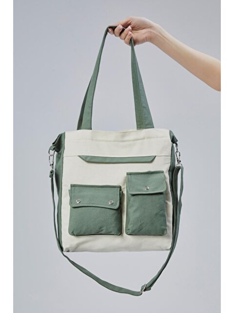 Bagg Kanvas Ön Cepleri Çıtlı Çanta (Mint Yeşili-Ekru) - S000362243-18194