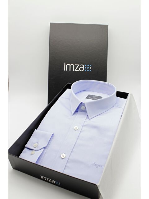 İMZA Mavi Sert Yaka Cepsiz Slim Fit Classic Pamuklu Gömlek 1004255324