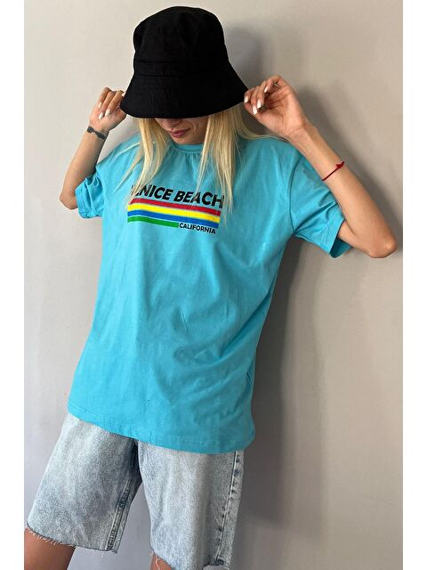 Madmext Turkuaz Baskılı Over Fit Tişört Mg1516 - S000029621-20055