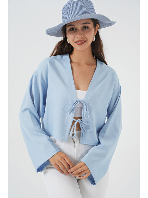 Bigdart Önü Bağlamalı Keten Kimono 960 - Mavi - S000380181-17234