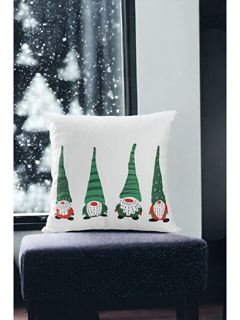 Asdiva Yılbaşı Temalı Yeşil 3 Cüce Baskılı Kırlent Kılıfı - Beyaz 43x43 - S000465344-37508