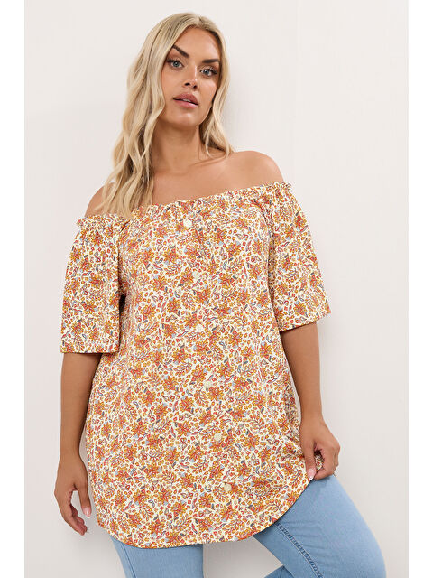 Stil Diva Büyük Beden Düşük Omuzlu Kısa Kollu Düğme Detaylı Desenli Bluz 322680 - S000384691-20013