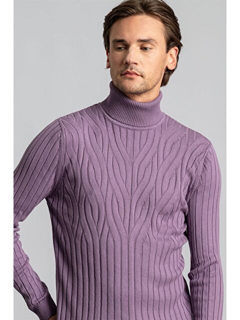 TUDORS Slim Fit Tam Balıkçı Yaka Saç Örgü Desenli Erkek Lila Kazak
