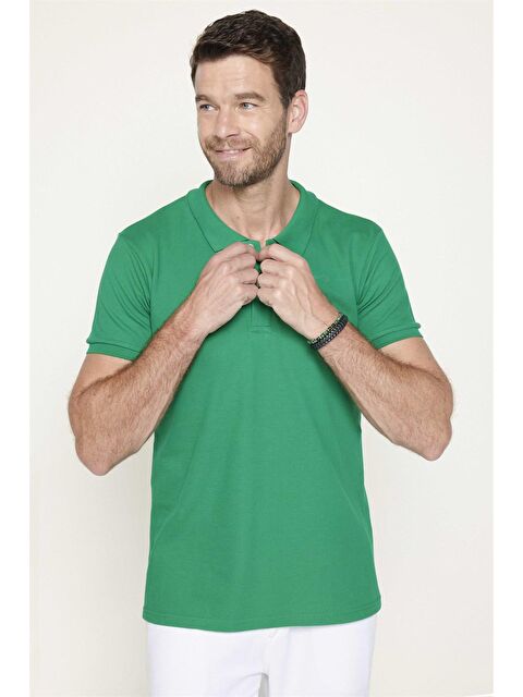 TUDORS Erkek Polo Yaka Slim Fit Düz Pamuk Pike Yeşil Tişört