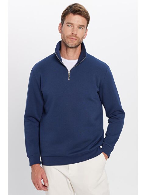 TUDORS Unisex Relax Fit Rahat Kesim Pamuklu İçi Polarlı Yarım Fermuarlı Lacivert Dik Yaka Sweatshirt - S000281399-21164
