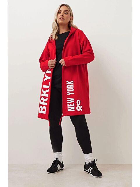 Stil Diva Büyük Beden Kapüşonlu Uzun Kollu Yazı Baskılı Cepsiz Hırka 303982 - S000383756-20045