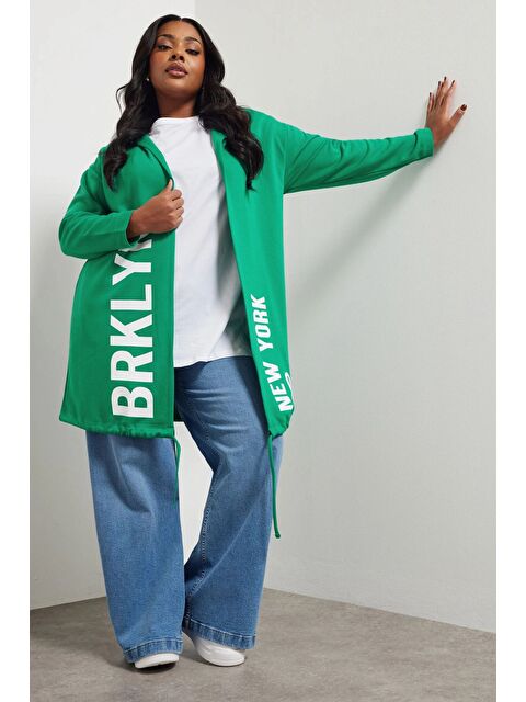 Stil Diva Büyük Beden Kapüşonlu Uzun Kollu Yazı Baskılı Cepsiz Hırka 303984 - S000383757-18194