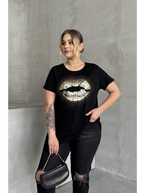 Stil Diva Büyük Beden Kısa Kollu Bisiklet Yaka Taş İşlemeli Tişört 302264 - S000350525-19351