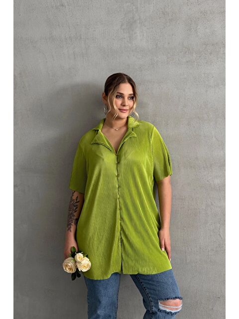 Stil Diva Büyük Beden Kısa Kollu Önü Düğmeli Fitilli İnce Gömlek 300738 - S000324874-18194