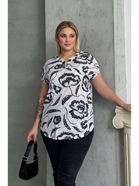 Stil Diva Büyük Beden Kısa Kollu V Yaka Desenli Tişört 97-83 - S000337851-20063