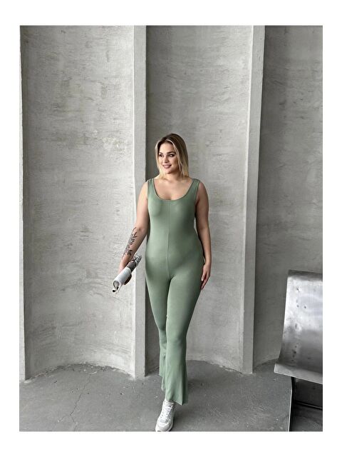 Stil Diva Büyük Beden Sıfır Kol İspanyol Paça Kapamasız Esnek Tulum 224983 - S000362105-18194