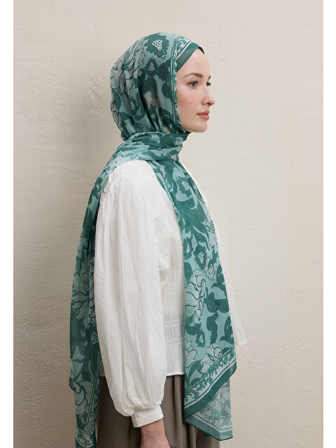 Fresh Scarfs Leone Desen İpek Krep Şal Yeşil