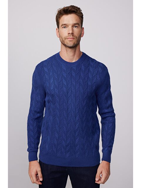 TUDORS Slim Fit Bisiklet Yaka  Desenli Lacivert Erkek Kazak