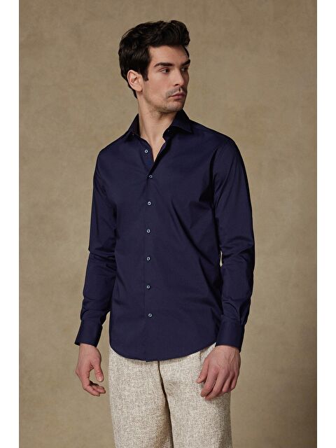 ABBATE Enzo Poplin Stretch Pamuk Karışımlı Slim Fit Lacivert Klasik Yaka Erkek Düz Gömlek - S000445828-21164