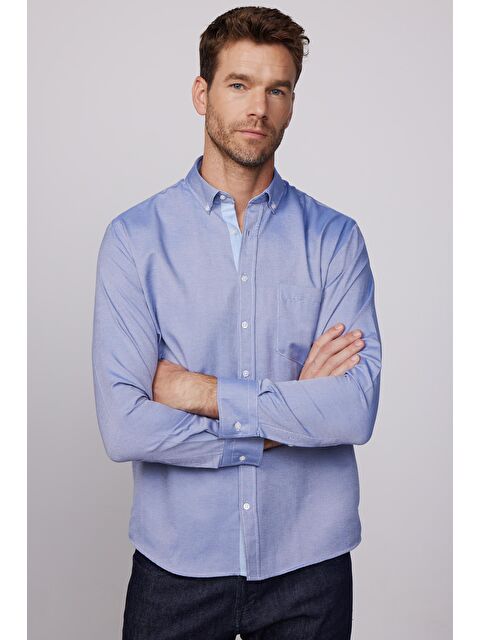 TUDORS Erkek Regular Fit Klasik Kesim Düğmeli Yaka Pamuklu Kolay Ütü Oxford Düz Gömlek