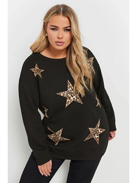 Stil Diva Büyük Beden Uzun Kollu Bisiklet Yaka Payet İşlemeli Sweatshirt 303833 - S000337777-19351