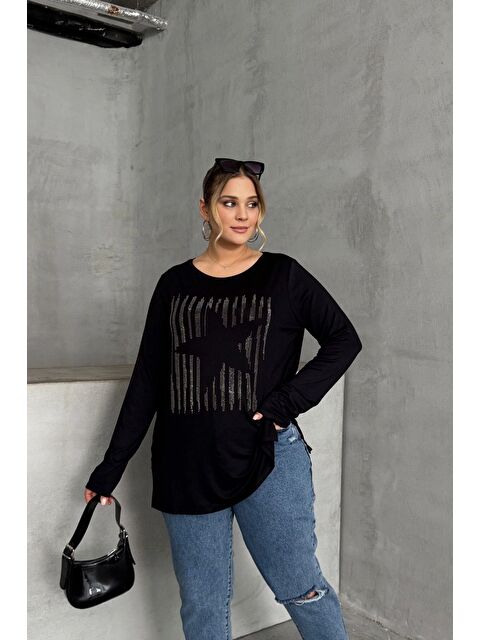 Stil Diva Büyük Beden Uzun Kollu Bisiklet Yaka Taş İşlemeli İnce Bluz 173716 - S000324875-19351