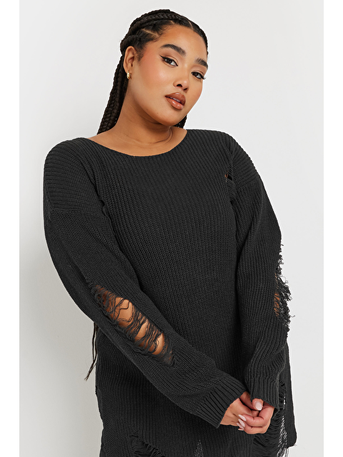 Stil Diva Büyük Beden Uzun Kollu Bisiklet Yaka Yırtık Detaylı Triko Kazak 303582 - S000350539-19351