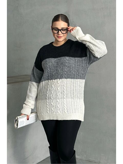 Stil Diva Büyük Beden Uzun Kollu Bisiklet Yaka Renk Bloklu Triko Kazak DG-04 - S000337792-20600