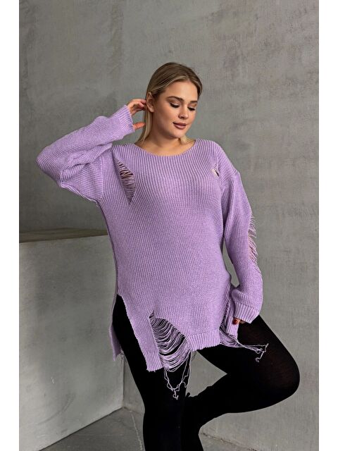 Stil Diva Büyük Beden Uzun Kollu Bisiklet Yaka Yırtık Detaylı Triko Kazak T-3 - S000339238-20042