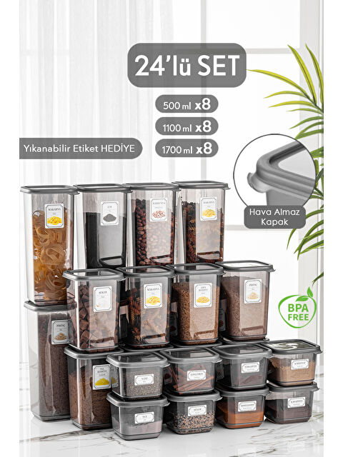 Meleni Home 24'lü Set Kapaklı Kare Erzak Saklama Kabı Antrasit 8x(0,50 lt-1,10 lt -1,70 lt) ETİKETLİ - S000033148-29666