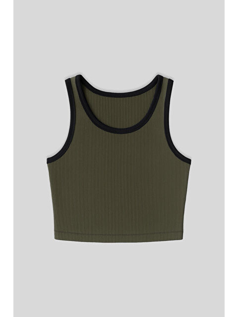 Tommylife Haki Basic Sıfır Kol Dar Kalıp U Yaka Kadın Crop Top Atlet - 97160 - S000085402-18547