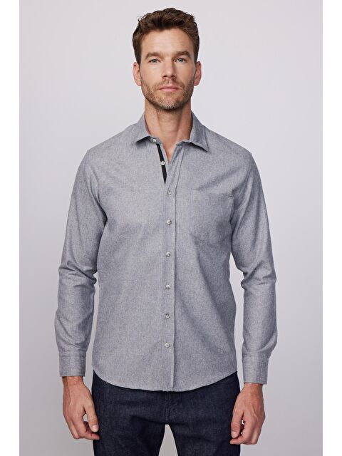 TUDORS Erkek Regular Fit Klasik Kesim Pamuklu Tek Cepli Armürlü Kışlık Oduncu Gri Gömlek - S000067528-20600