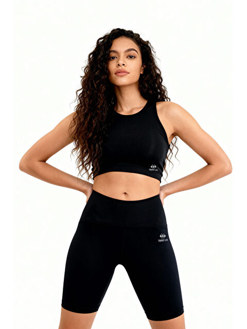 Tommylife Siyah Yüksek Bel Toparlayıcı Dar Kalıp Crop Biker Kadın Tayt Takım - 95302 - S000197520-19351