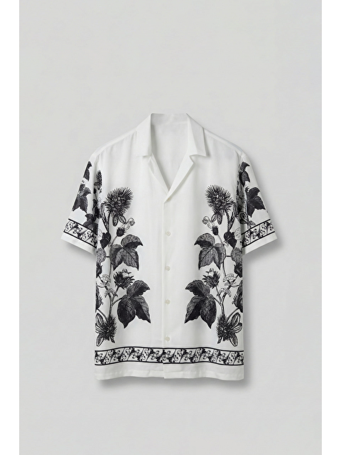 Abluka Online Erkek Oversize Motifli Küba Yaka Kısa Kol Gömlek Ekru - S000240405-19965