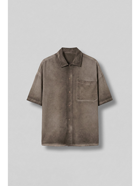 Abluka Online Erkek Yıkamalı Kısa Kollu Oversize Gömlek Kahverengi - S000365695-19413