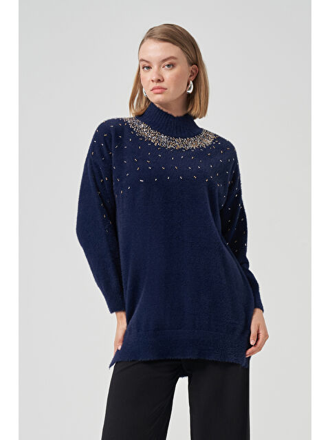 Nuss Boncuk İşlemeli Angora Kazak 7003 Lacivert - S000480548-21164