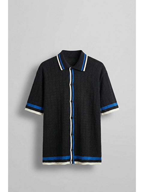 Abluka Online Erkek Oversize Örme Desenli Gömlek Siyah - S000240436-19351