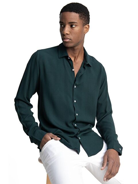 TUDORS Slim Fit Dar Kesim Uzun Kol Dökümlü Viskon Şık Erkek Gömlek