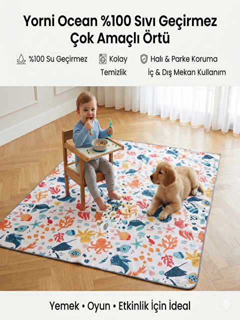 Yorni Ocean, 145x250cm, Sıvı Geçirmeyen Çok Amaçlı Aktivite Örtüsü; Bakım Örtüsü, Yer, Masa ve Yatak için