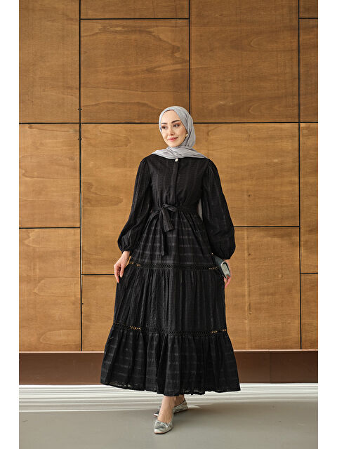 Locco Moda Kadın Nakış Detaylı Simli Jakar Elbise Siyah