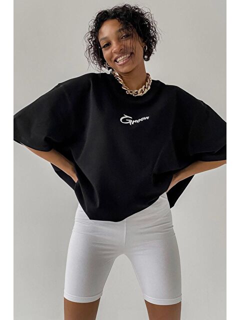 Madmext Siyah Baskılı Oversize Tişört Mg1491