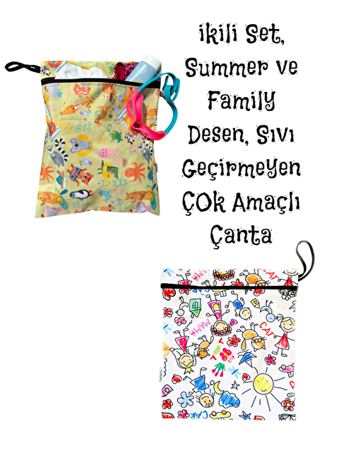 Yorni 2 Adet, 37x30 cm Summer ve Family Desen, Sıvı Geçirmeyen Çok Amaçlı Çanta, Ekonomik Set, Yıkanabilir
