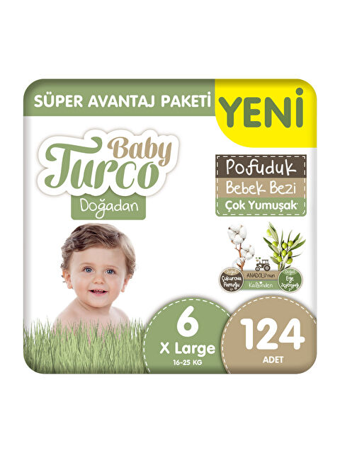 Baby Turco Doğadan Süper Avantaj Paketi Pofuduk Bebek Bezi 6 Numara Xlarge 124 Adet