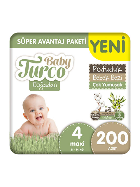 Baby Turco Doğadan Süper Avantaj Paketi Pofuduk Bebek Bezi 4 Numara Maxi 200 Adet